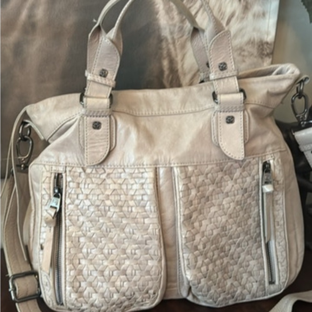 Elliot Lucca Cream Leather Hobo Bucket Satchel Handbag Adjust Shoulder Strap